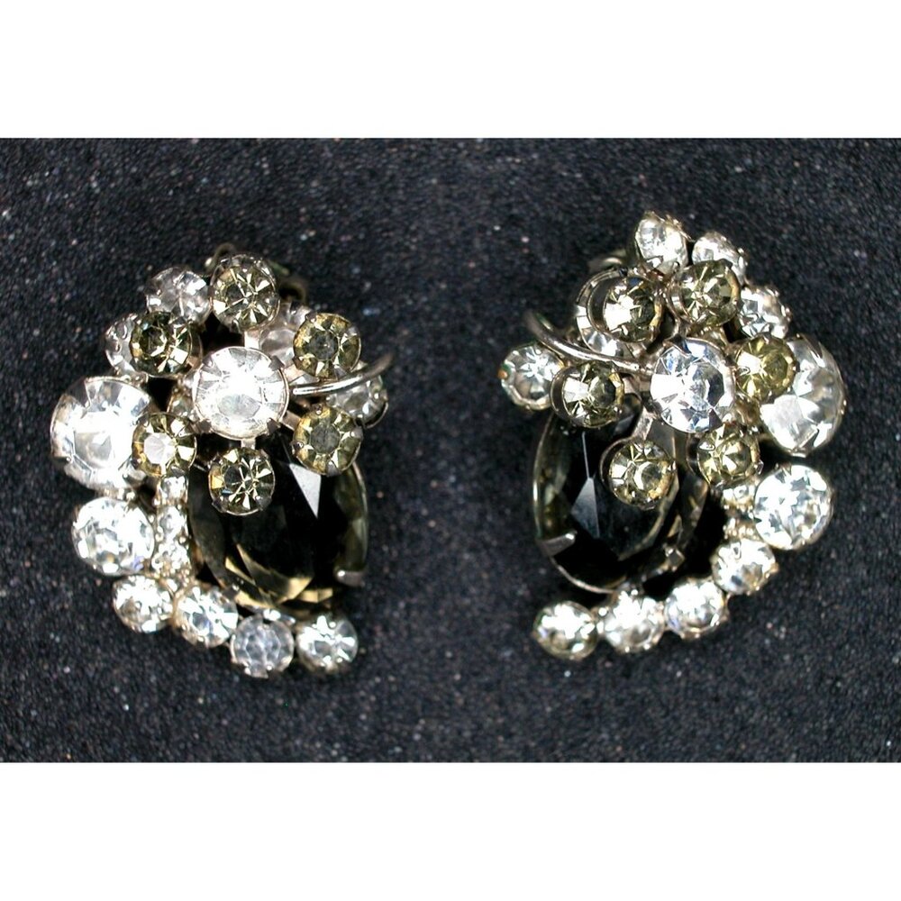 Verified DeLizza & Elster (D&E) Faux-Black Diamond /Clear Rhinestone Clip Earrin